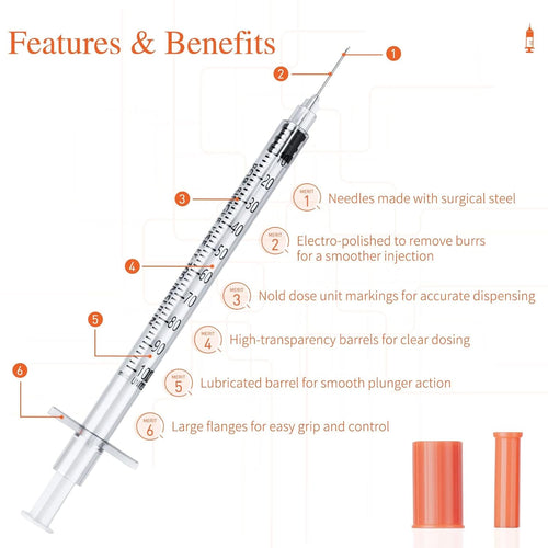 1ml Syringe with Needle, 31G 1cc 5/16-Inch - 100 Pack